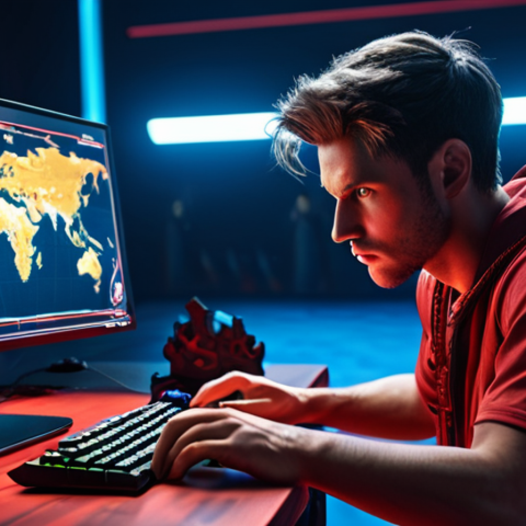 A gamer intensely focused, illuminated by a computer screen displaying Eternal Return gameplay, symbolizing preparation and strategy for the Global Tournament.