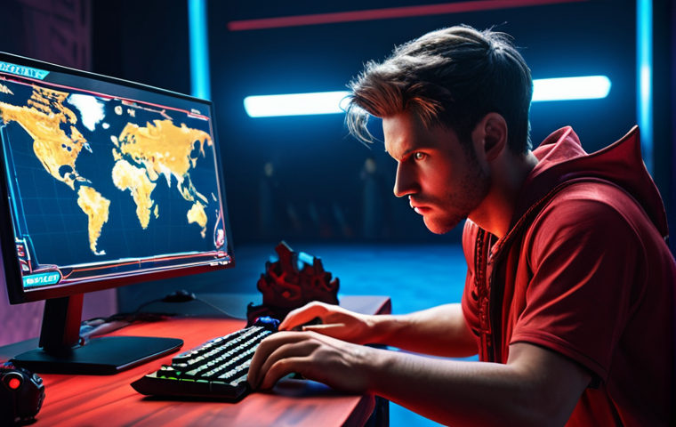 A gamer intensely focused, illuminated by a computer screen displaying Eternal Return gameplay, symbolizing preparation and strategy for the Global Tournament.