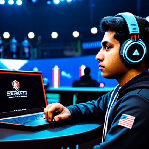 Home 22 **
A professional Eternal Return esports player, fully clothed in team-branded attire, sits focused at their gaming setup. A Bengali flag sticker is visible on their laptop. Background: A brightly lit esports arena with cheering fans. Safe for work, appropriate content, modest clothing, perfect anatomy, correct proportions, high quality, professional.
**