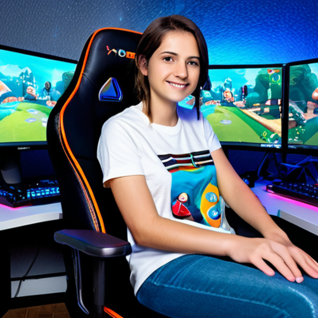 **Prompt:** A confident female video game player, fully clothed in a modest gaming-themed t-shirt and comfortable jeans, sitting in a gaming chair in front of a computer.  The background shows a brightly lit gaming room with multiple screens and colorful LED lights.  Safe for work, appropriate content, family-friendly, perfect anatomy, correct proportions, well-formed hands, proper finger count, natural body proportions, professional gaming setup.