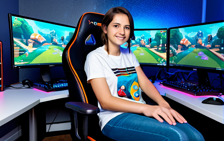 **Prompt:** A confident female video game player, fully clothed in a modest gaming-themed t-shirt and comfortable jeans, sitting in a gaming chair in front of a computer.  The background shows a brightly lit gaming room with multiple screens and colorful LED lights.  Safe for work, appropriate content, family-friendly, perfect anatomy, correct proportions, well-formed hands, proper finger count, natural body proportions, professional gaming setup.