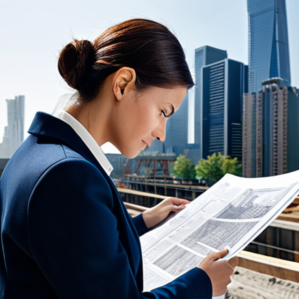 이터널리턴 신규 클래스 티저 - A professional female architect in a modern, fully-clothed business outfit, reviewing blueprints on ...