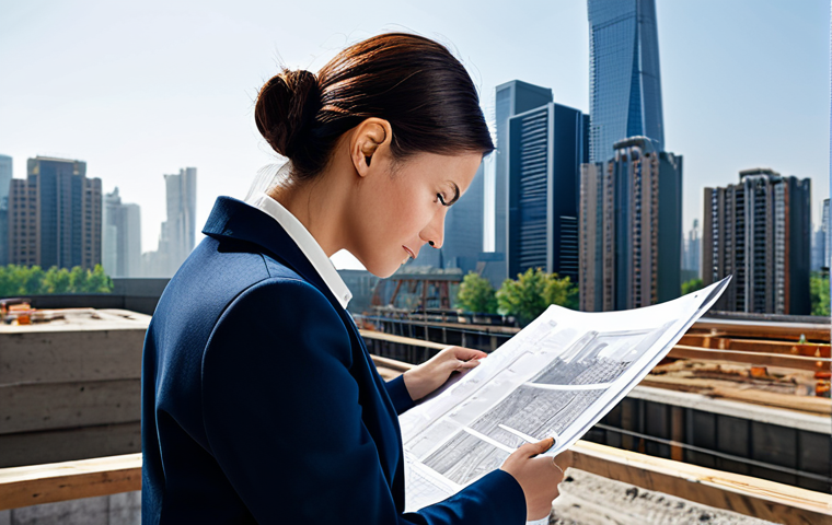 이터널리턴 신규 클래스 티저 - A professional female architect in a modern, fully-clothed business outfit, reviewing blueprints on ...