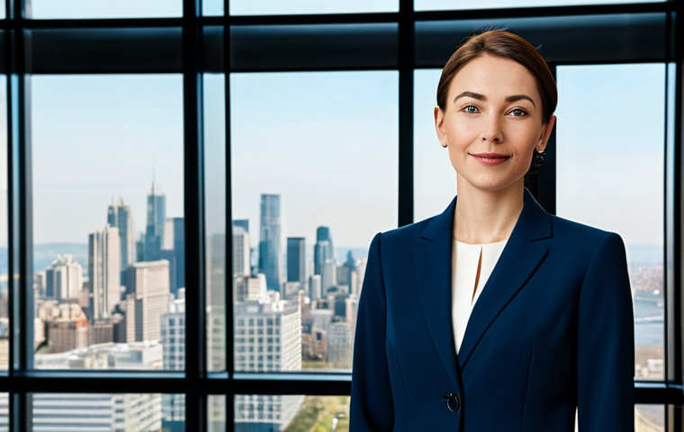 이터널리턴 캐릭터 선택 기준 - **

A professional businesswoman in a tailored, modest navy blue suit, standing confidently in a bri...