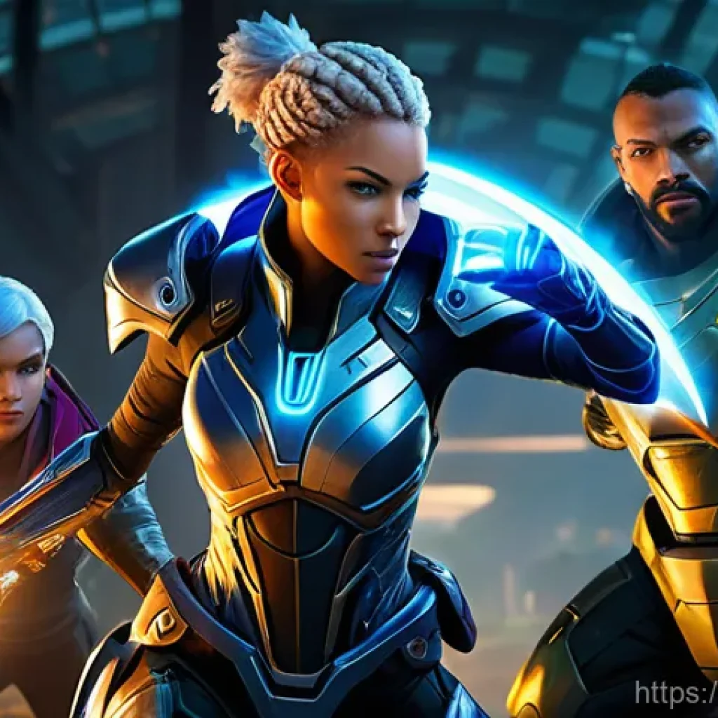 이터널리턴 팀플레이 성공 사례 - **Team Synergy in Combat:**
    "A dynamic action shot depicting three diverse Eternal Return charac...