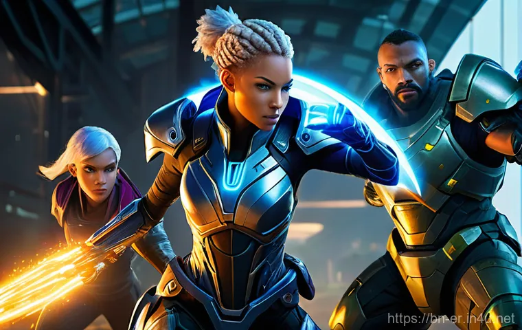 이터널리턴 팀플레이 성공 사례 - **Team Synergy in Combat:**
    "A dynamic action shot depicting three diverse Eternal Return charac...