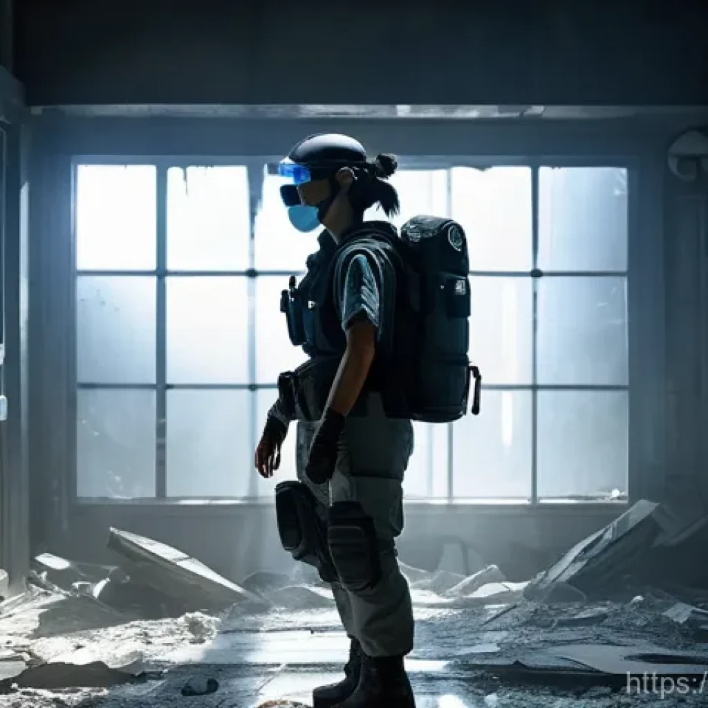 이터널리턴 신규 맵 공개 예정 - A lone female character, dressed in practical, full-coverage tactical gear with reinforced knee pads...