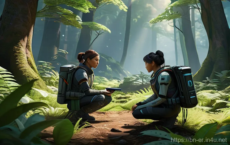 이터널리턴 신규 맵 공개 예정 - Two male player characters, clad in distinct, layered combat suits that provide ample coverage, exec...