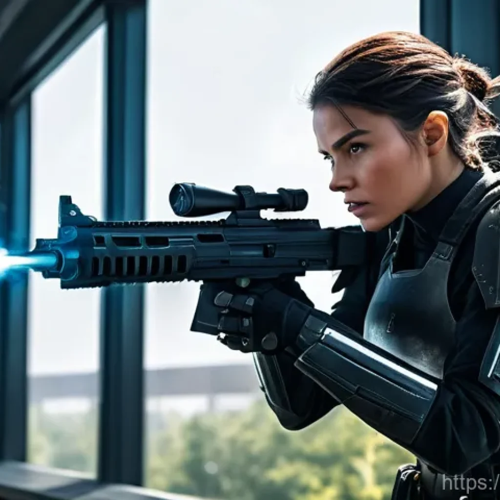 이터널리턴 최고 기록 달성법 - A skilled female ranged attacker, dressed in sleek, dark combat armor with reflective highlights, st...