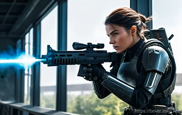 이터널리턴 최고 기록 달성법 - A skilled female ranged attacker, dressed in sleek, dark combat armor with reflective highlights, st...