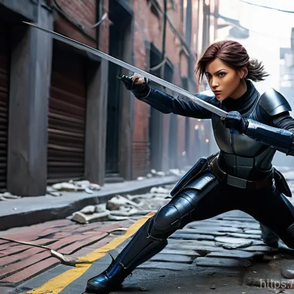 이터널리턴 트리플킬 공략법 - A dynamic full-body action shot of Fiora from Eternal Return, depicted mid-combat in a narrow, dimly...