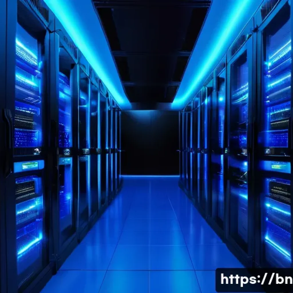 이터널리턴 글로벌 서버 비교 - A high-tech gaming server room located in Asia, filled with glowing blue LED lights, racks of advanc...