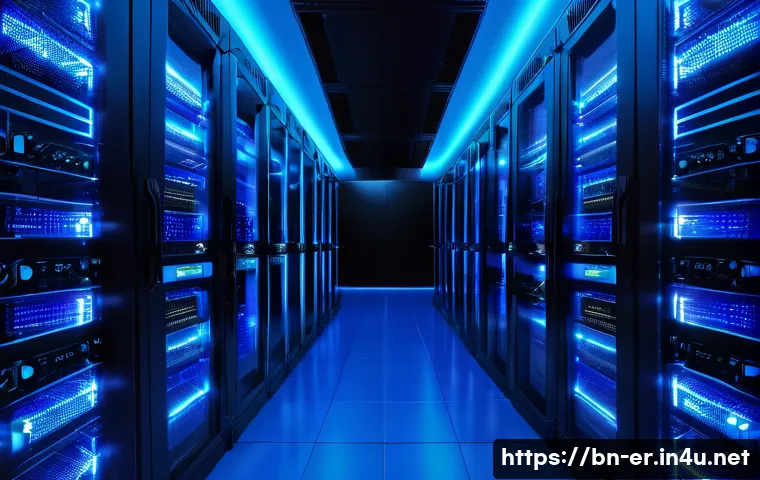 이터널리턴 글로벌 서버 비교 - A high-tech gaming server room located in Asia, filled with glowing blue LED lights, racks of advanc...