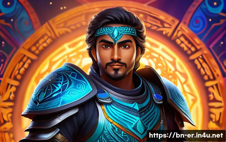이터널리턴 비공식 스킨 제작 - A vibrant, fantasy-themed gaming character skin design featuring a youthful Bengali male avatar wear...