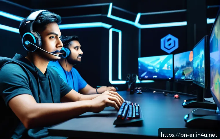 이터널리턴 팀워크 전략 비교 - A diverse team of five gamers in casual clothing, communicating intensely through headsets around a ...