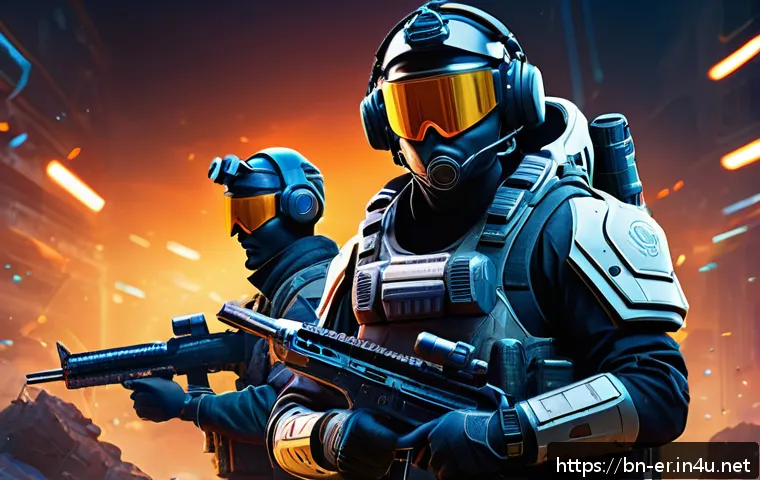 이터널리턴 협동 모드 승리법 - A dynamic multiplayer gaming scene showing a diverse team of four players communicating via headsets...