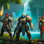이터널리턴 콘텐츠 확장 계획 - A vibrant scene showcasing a diverse group of new game characters with unique abilities, each wearin...