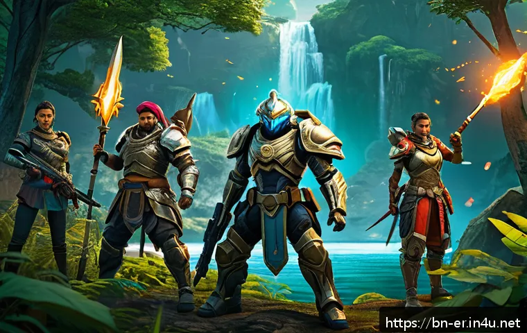 이터널리턴 콘텐츠 확장 계획 - A vibrant scene showcasing a diverse group of new game characters with unique abilities, each wearin...