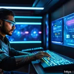 이터널리턴 초보자를 위한 공략집 - A detailed scene of a strategic gamer selecting a character in a futuristic, high-tech interface roo...