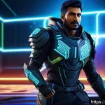 이터널리턴 인기 스킨 분석 - A dynamic character skin design for a futuristic game, featuring a sleek outfit with vibrant colors ...