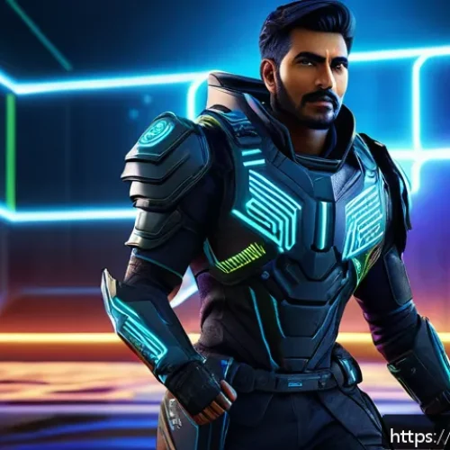 이터널리턴 인기 스킨 분석 - A dynamic character skin design for a futuristic game, featuring a sleek outfit with vibrant colors ...