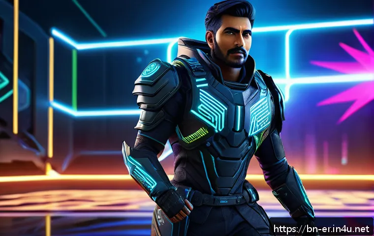 이터널리턴 인기 스킨 분석 - A dynamic character skin design for a futuristic game, featuring a sleek outfit with vibrant colors ...