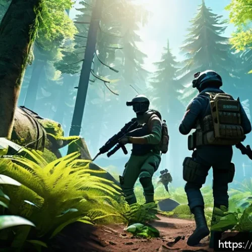 이터널리턴 초반 운영법 - A dynamic battle royale scene featuring a diverse team of four players landing together in a lush, g...