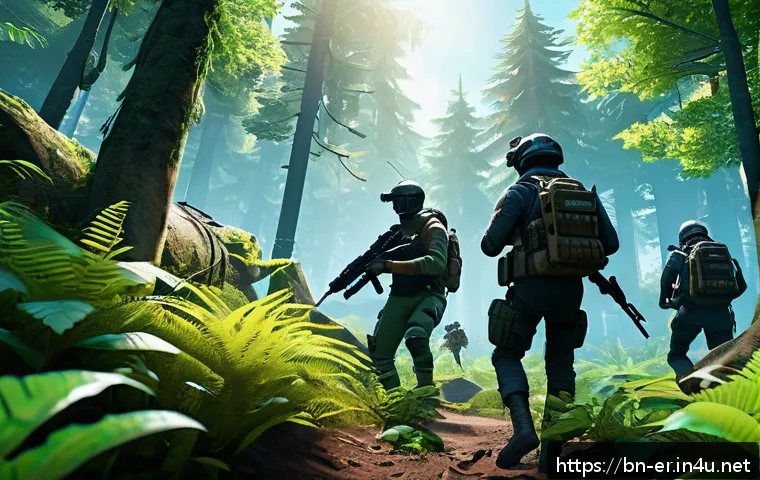 이터널리턴 초반 운영법 - A dynamic battle royale scene featuring a diverse team of four players landing together in a lush, g...