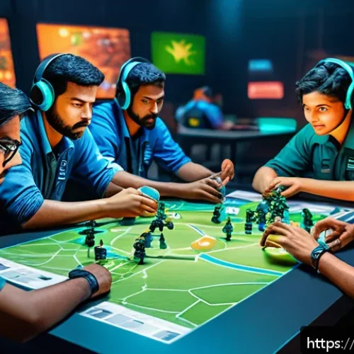 이터널리턴 멀티플레이 전략 - A detailed digital illustration of a strategic team gaming session set in a vibrant, immersive Benga...