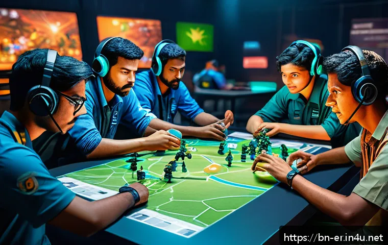 이터널리턴 멀티플레이 전략 - A detailed digital illustration of a strategic team gaming session set in a vibrant, immersive Benga...