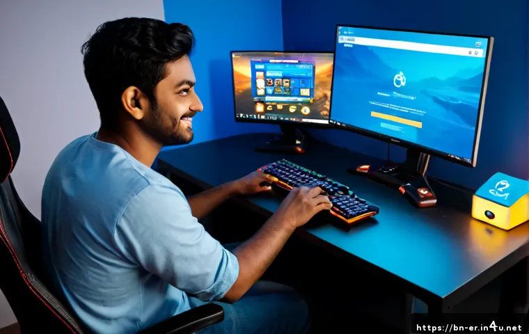 이터널리턴 유저 친화적 업데이트 - Photorealistic evening gaming desk scene, a cheerful South Asian gamer comfortably using a PC with a...