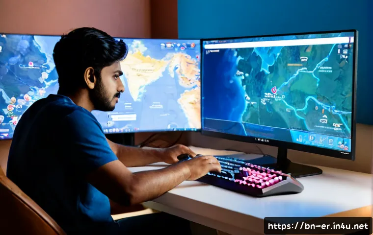 이터널리턴 새로운 기능 소개 - Photorealistic South Asian gamer at a clean modern desk discovering a new battle royale game feature...