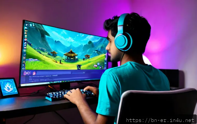 이터널리턴 스킨 전용 이벤트 - Photorealistic gaming event scene, a focused young Bengali gamer seated at a clean desktop setup, co...