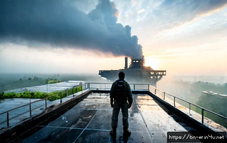 Home 17 이터널리턴 신규 시즌 배경 설정 - Photorealistic cinematic view of a futuristic abandoned research island at dawn, a lone fully clothe...